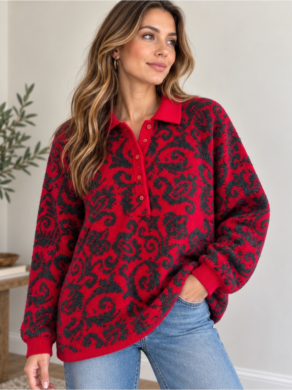 Vintage Benetton Wool Sweater Polo Red Black Paisley Made in Italy Size 48 (L)